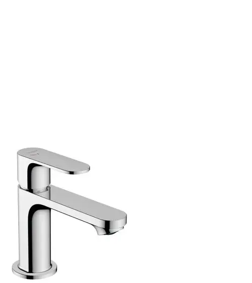 Chromfarbener Einhebel-Waschtischmischer von Hansgrohe mit flacher, gerader Griffoberfläche und Auslauf. Zugstangen-Ablaufgarnitur integriert.